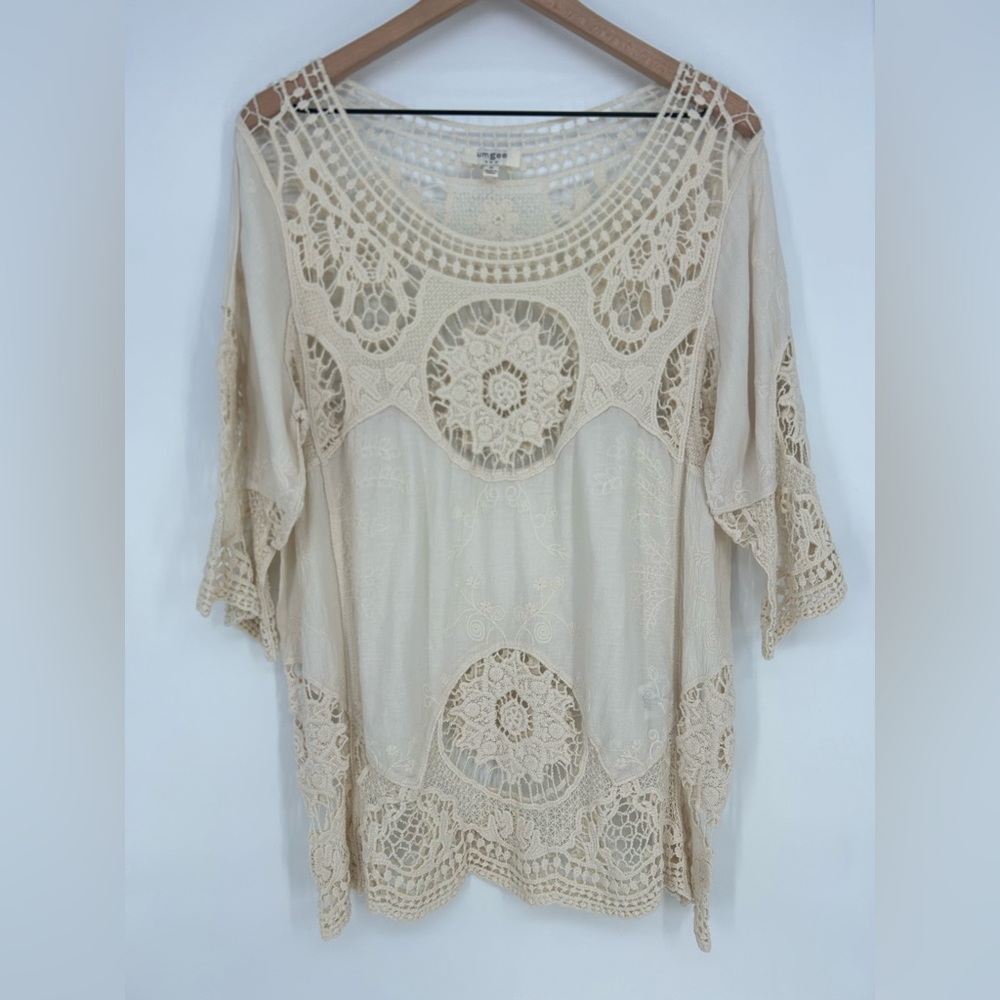 Umgee USA‎ Crochet Lace Ivory Bohemian Tunic Blouse- Women's M